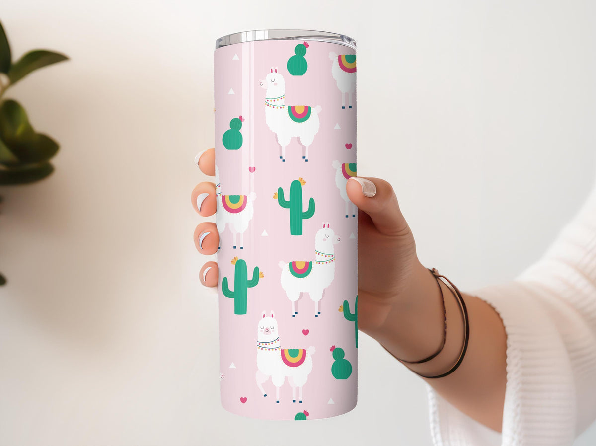 Llama and Cactus Tumbler With Straw, Pink Alpaca Pattern Coffee Cup, Trendy Travel Gift For Her