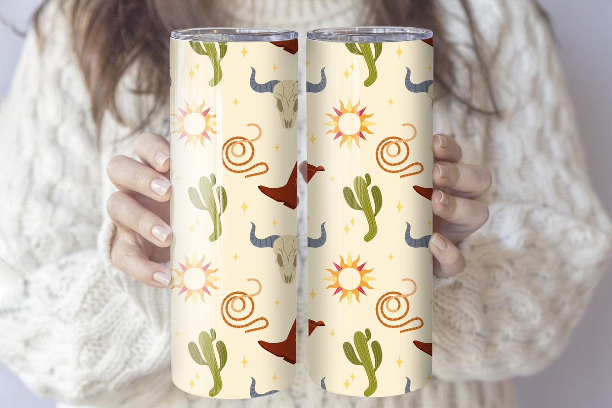 Western Cowboy Coffee Tumbler, Boots and Bull Skulls Design Insulated Cup