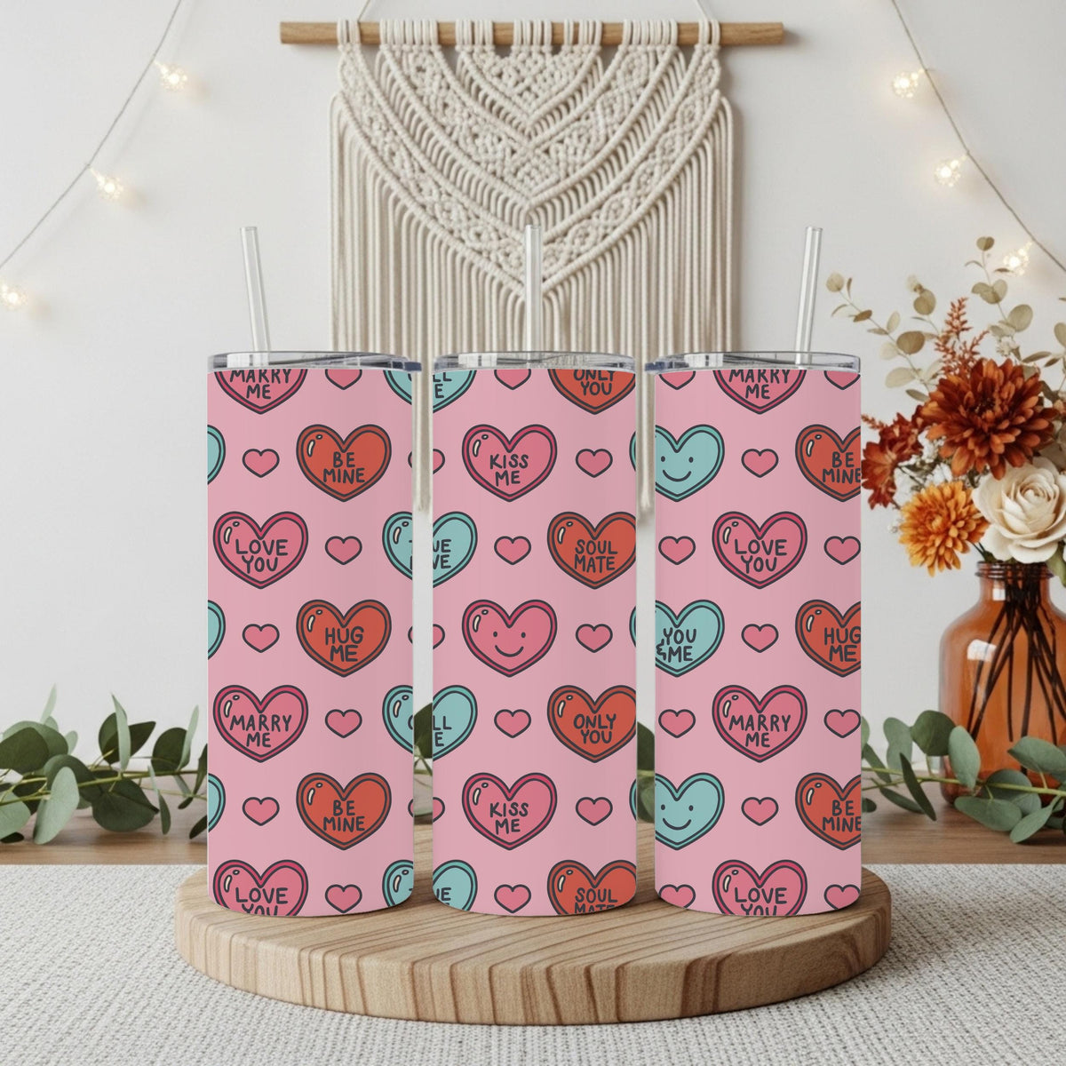 Love Hearts Pattern Insulated Cup, Soul Mate Tumbler With Straw