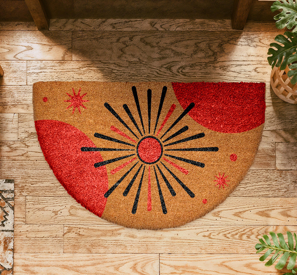 Boho Starburst Doormat, Mid Century Modern Coir Doormat, Retro Welcome Entrance Rug