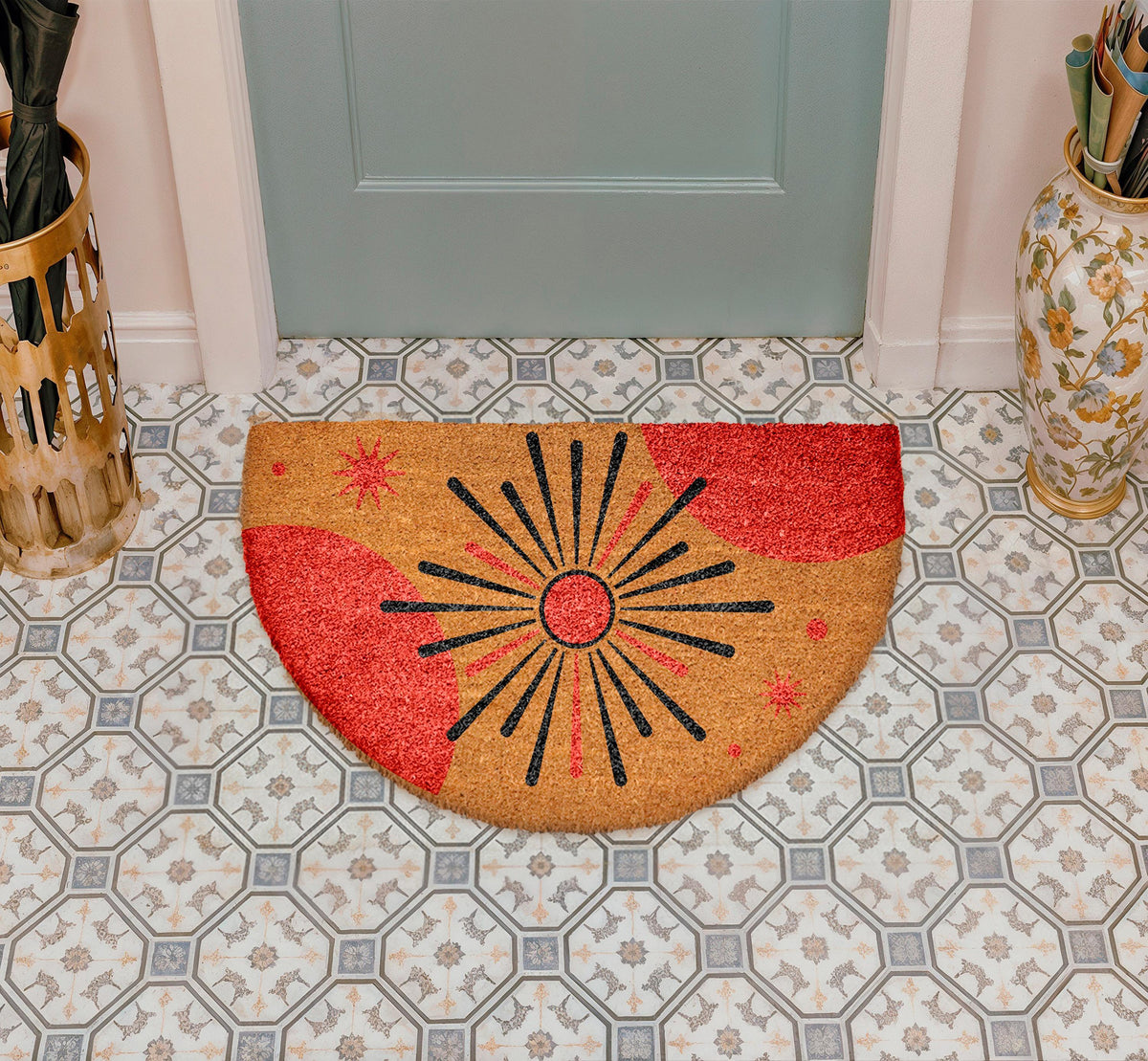 Boho Starburst Doormat, Mid Century Modern Coir Doormat, Retro Welcome Entrance Rug