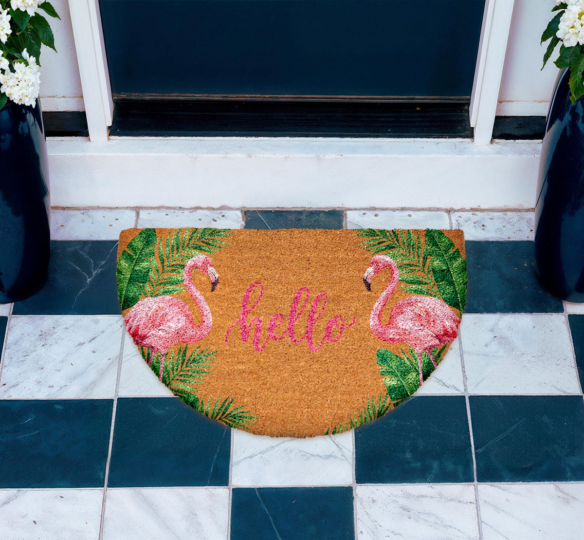 Pink Flamingo Welcome Doormat, Tropical Vibe Natural Coir Mat, Tropical Leaves Welcome Mat