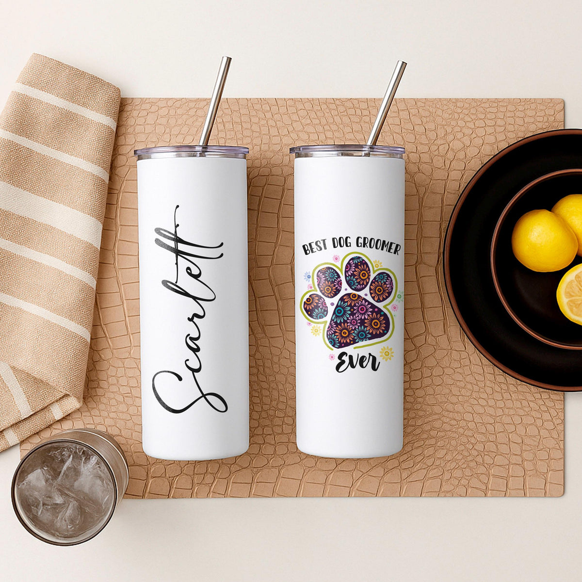 Personalized Dog Groomer Tumbler, Custom Name Pet Travel Mug, Paw Print Coffee Cup