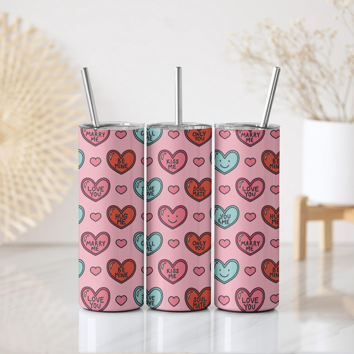 Love Hearts Pattern Insulated Cup, Soul Mate Tumbler With Straw