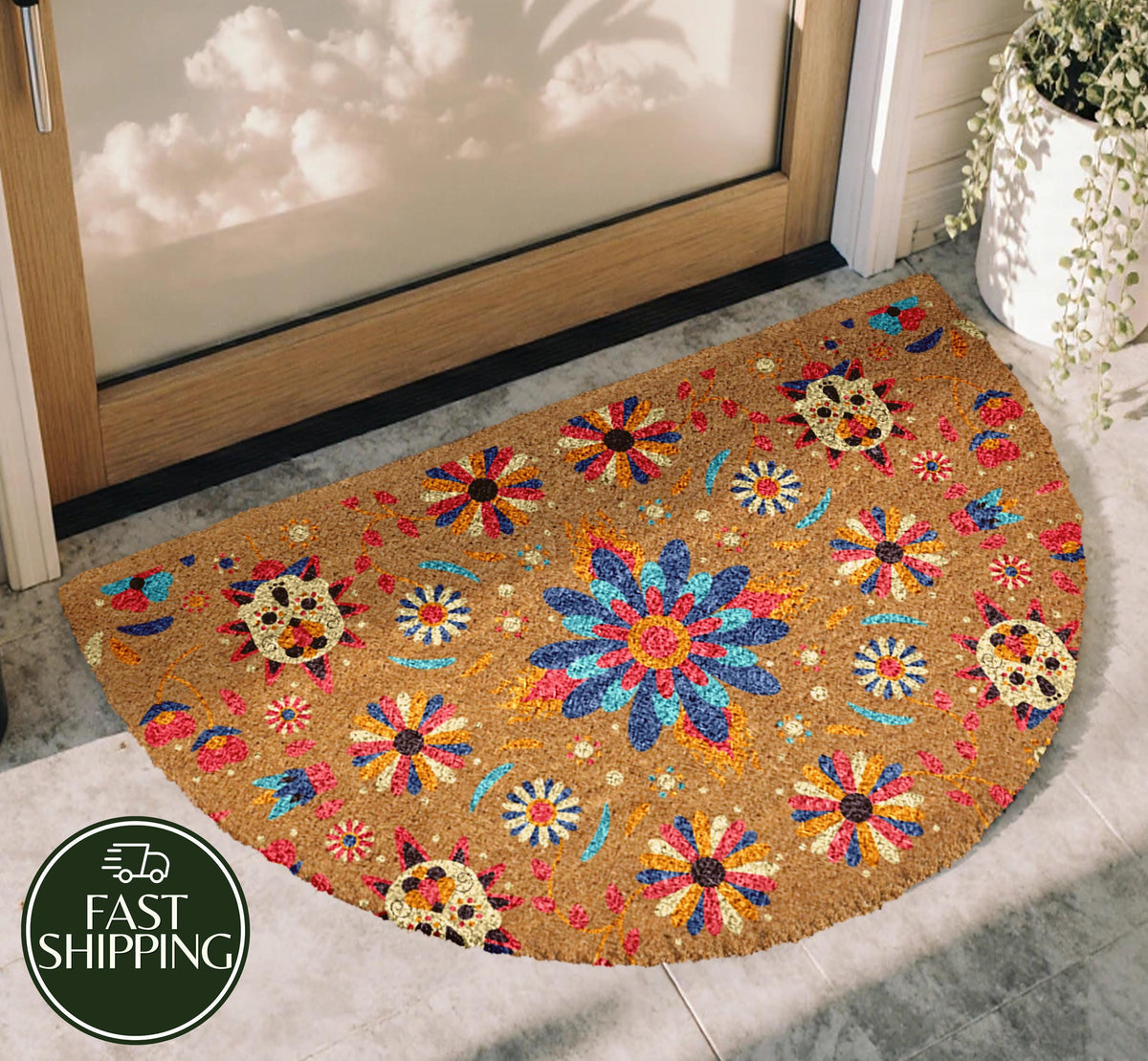 Aesthetic Bohemian Floral Doormat, Colorful Mandala Flower Pattern Welcome Mat