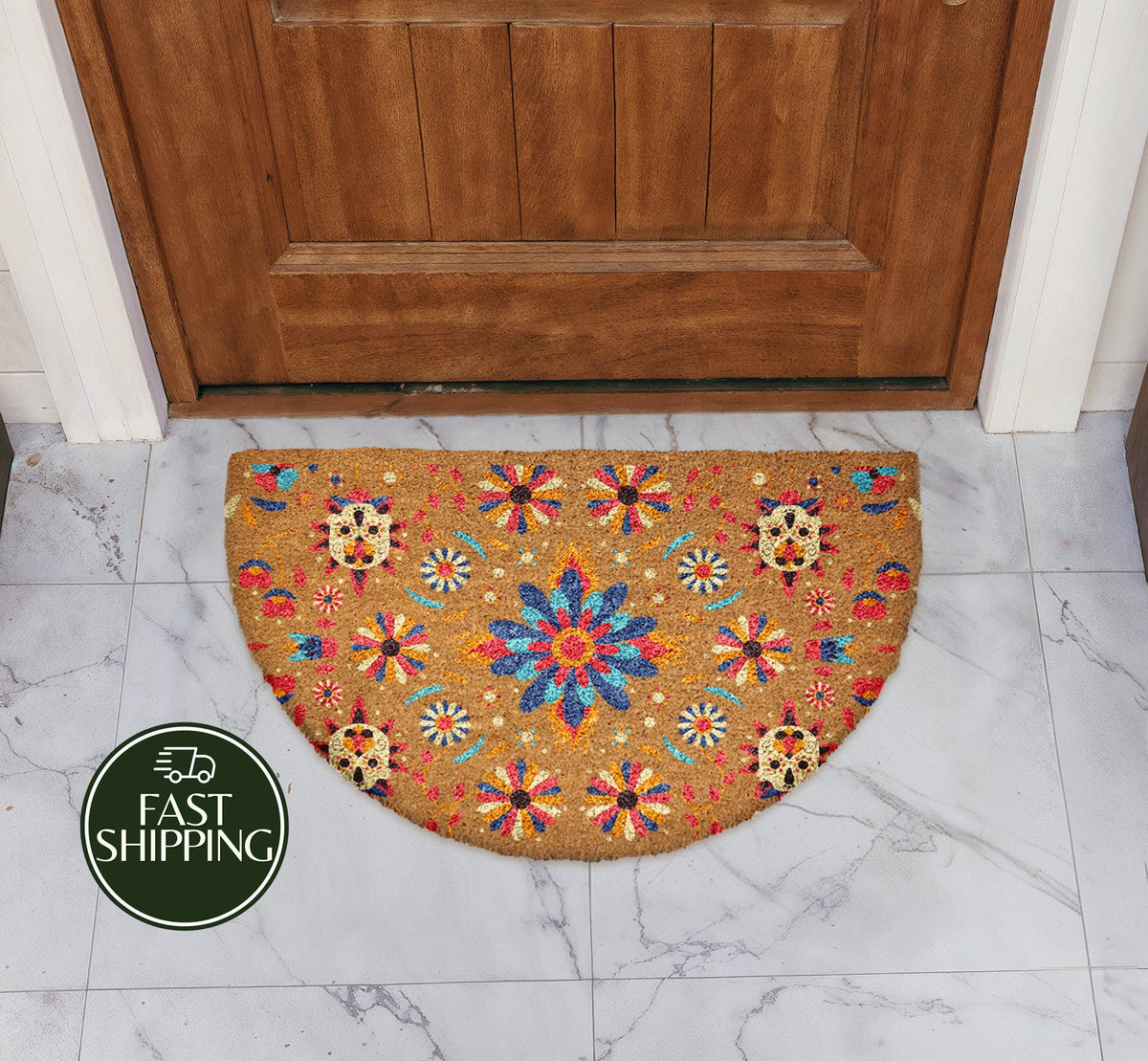 Aesthetic Bohemian Floral Doormat, Colorful Mandala Flower Pattern Welcome Mat