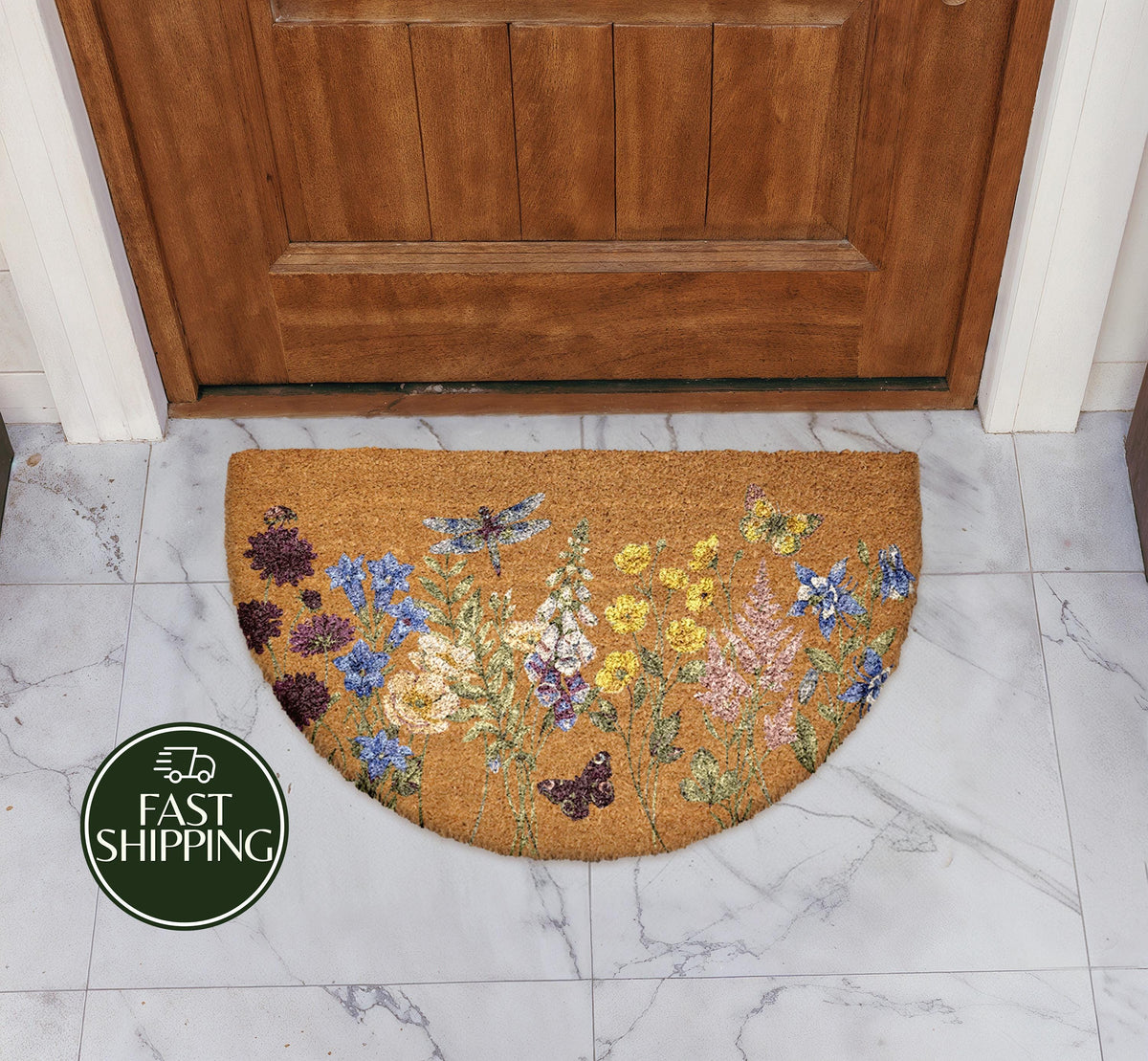 Colorful Wild Flower & Butterfly Doormat, Boho Floral Welcome Mat