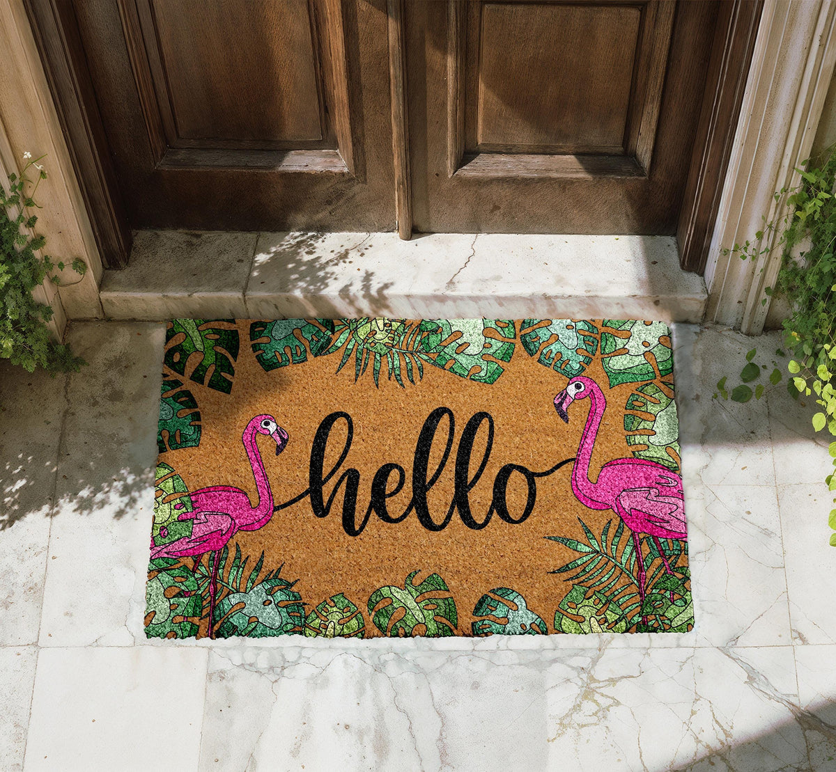 Pink Flamingo Welcome Doormat, Tropical Coir Door Mat, Summer Porch & Beach House Decor