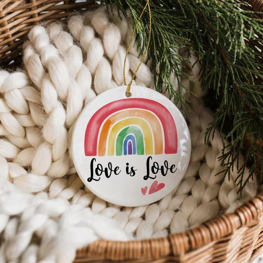 Love is Love Watercolor Rainbow Design Ornament, LGBTQ+ Couple Hanging Keepsake Decor