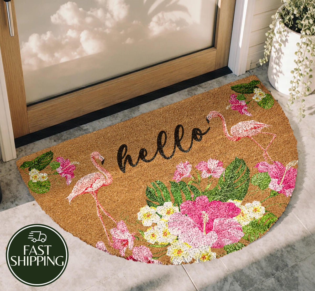 Flamingo Hello Doormat, Floral Tropical Welcome Mat, Summer House Decor, Coastal New Home Gift