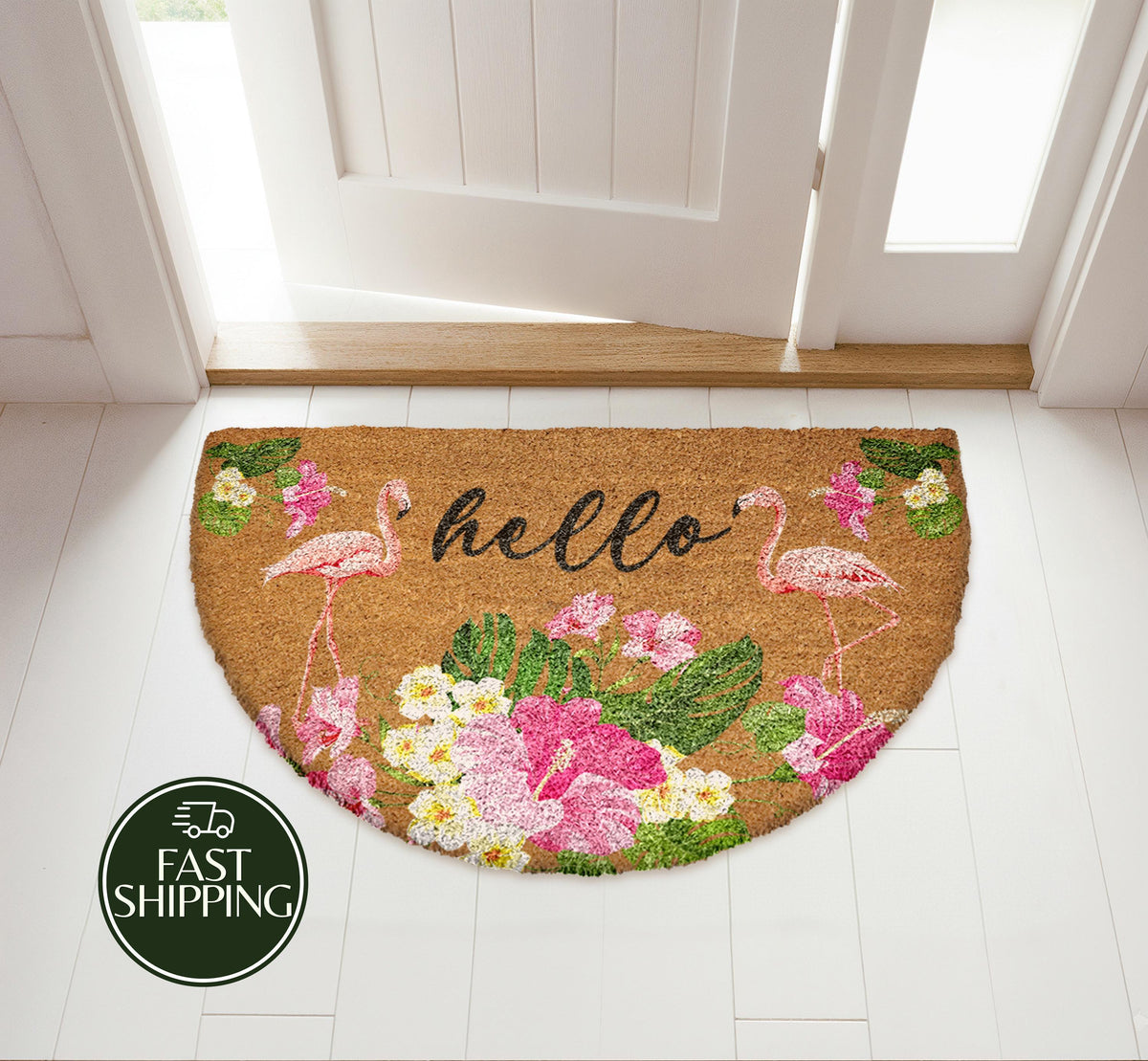 Flamingo Hello Doormat, Floral Tropical Welcome Mat, Summer House Decor, Coastal New Home Gift
