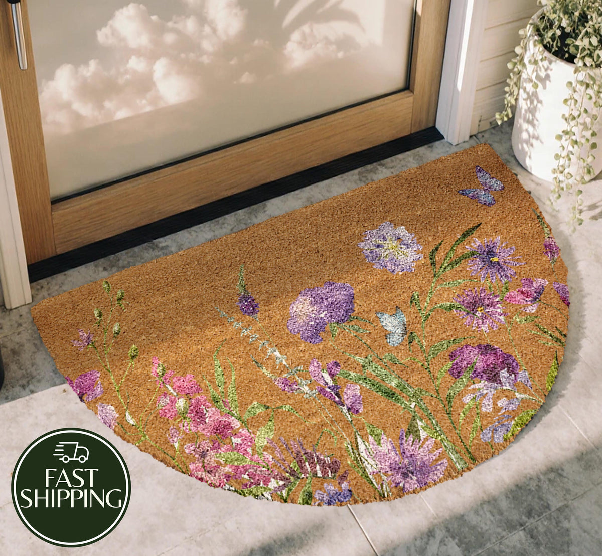 Purple Wildflower Half Moon Doormat, Lavender Floral Welcome Mat