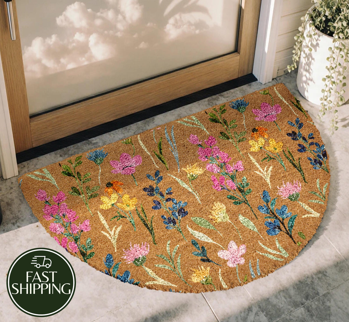 Colorful Botanical Entryway Doormat, Summer Vibe Wildflower Welcome Mat