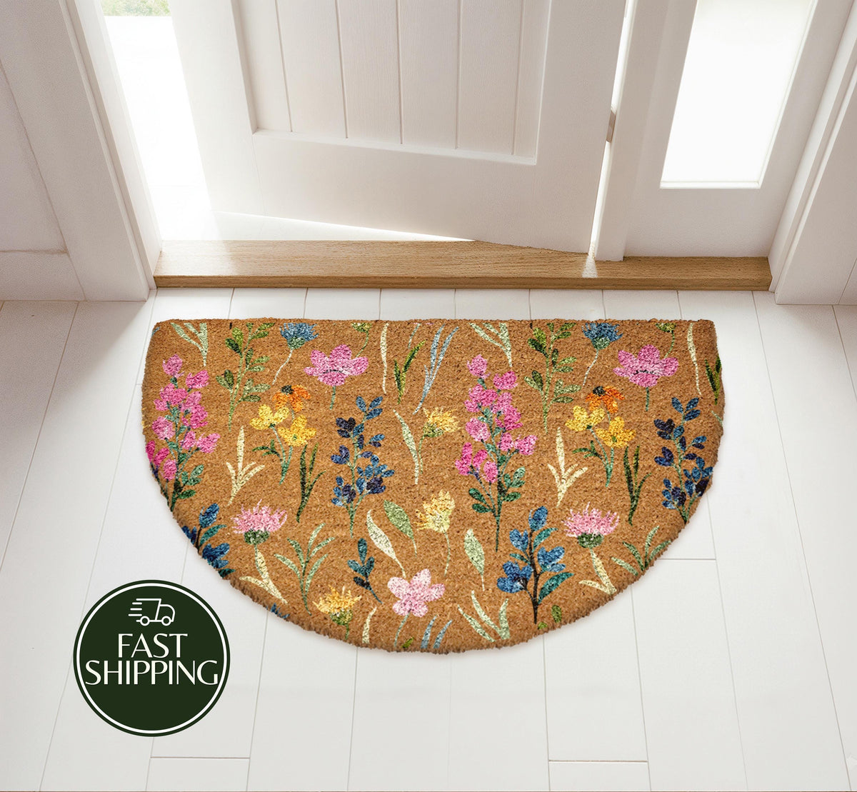 Colorful Botanical Entryway Doormat, Summer Vibe Wildflower Welcome Mat