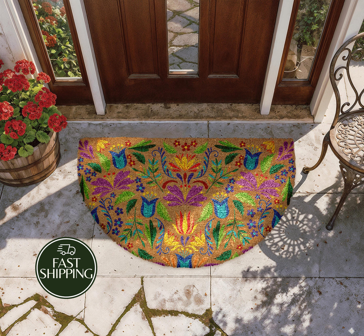 Colorful Folk Style Floral Doormat, Ethnic Boho Patterned Welcome Mat