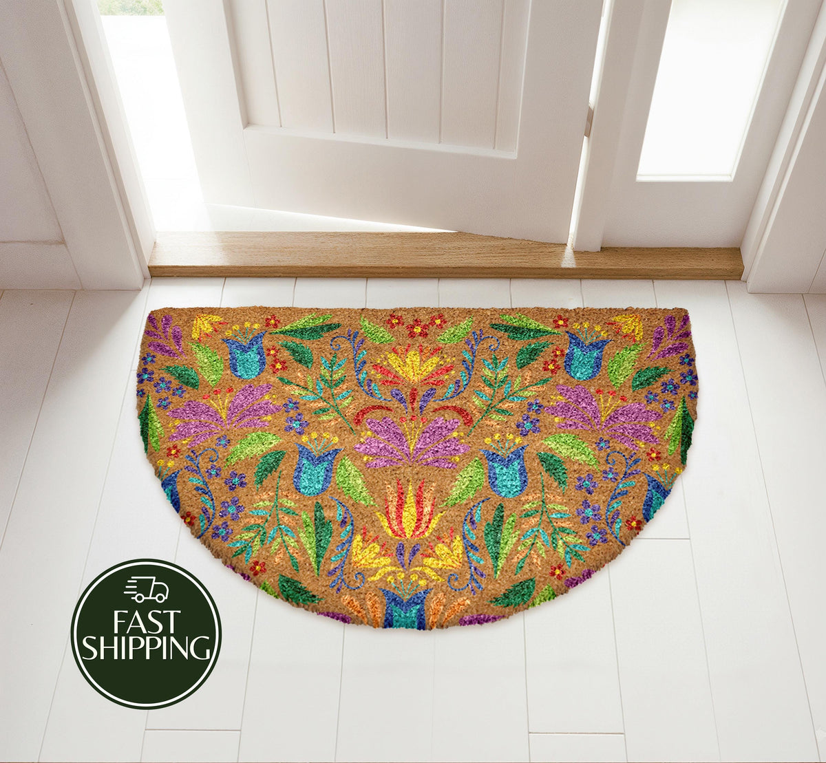 Colorful Folk Style Floral Doormat, Ethnic Boho Patterned Welcome Mat