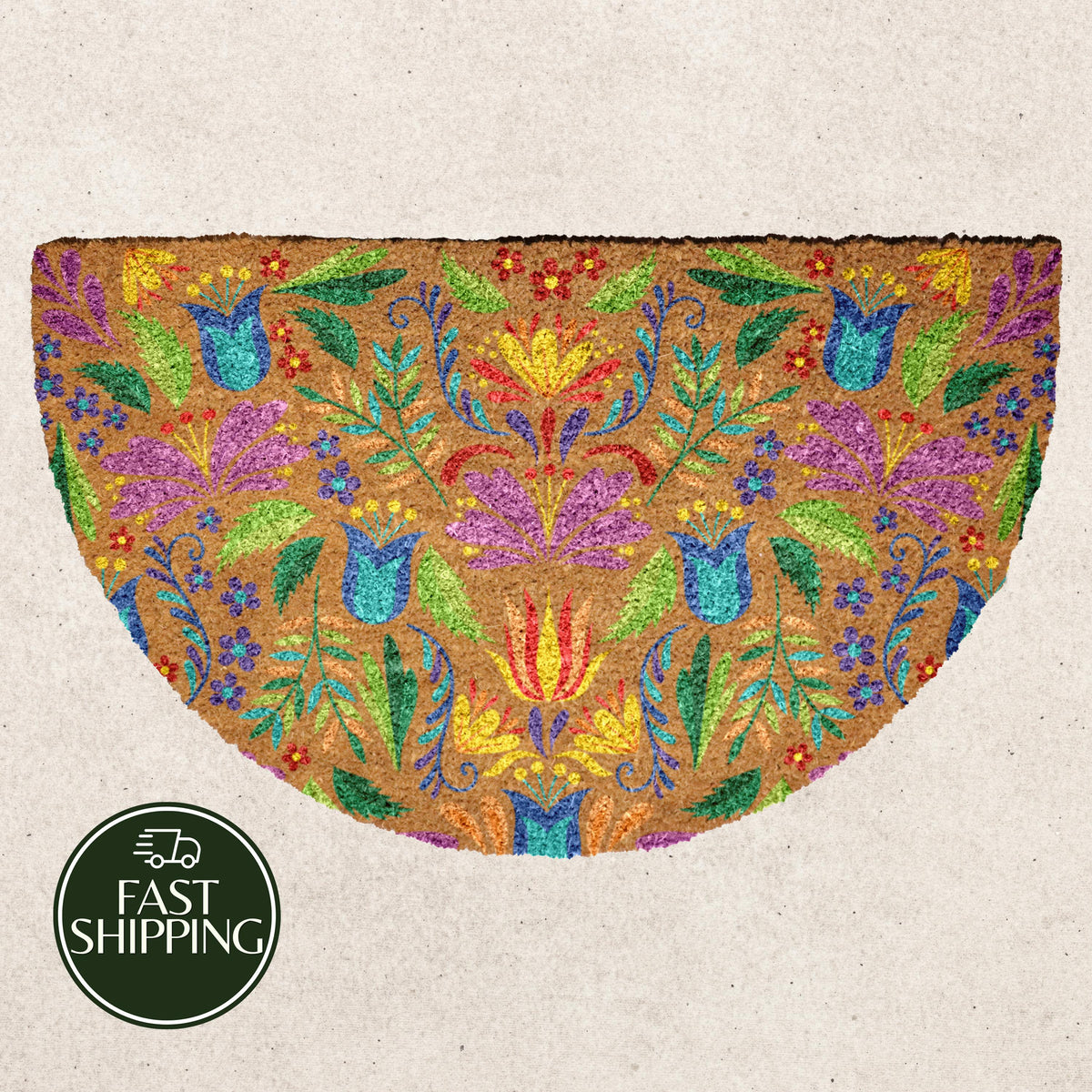 Colorful Folk Style Floral Doormat, Ethnic Boho Patterned Welcome Mat