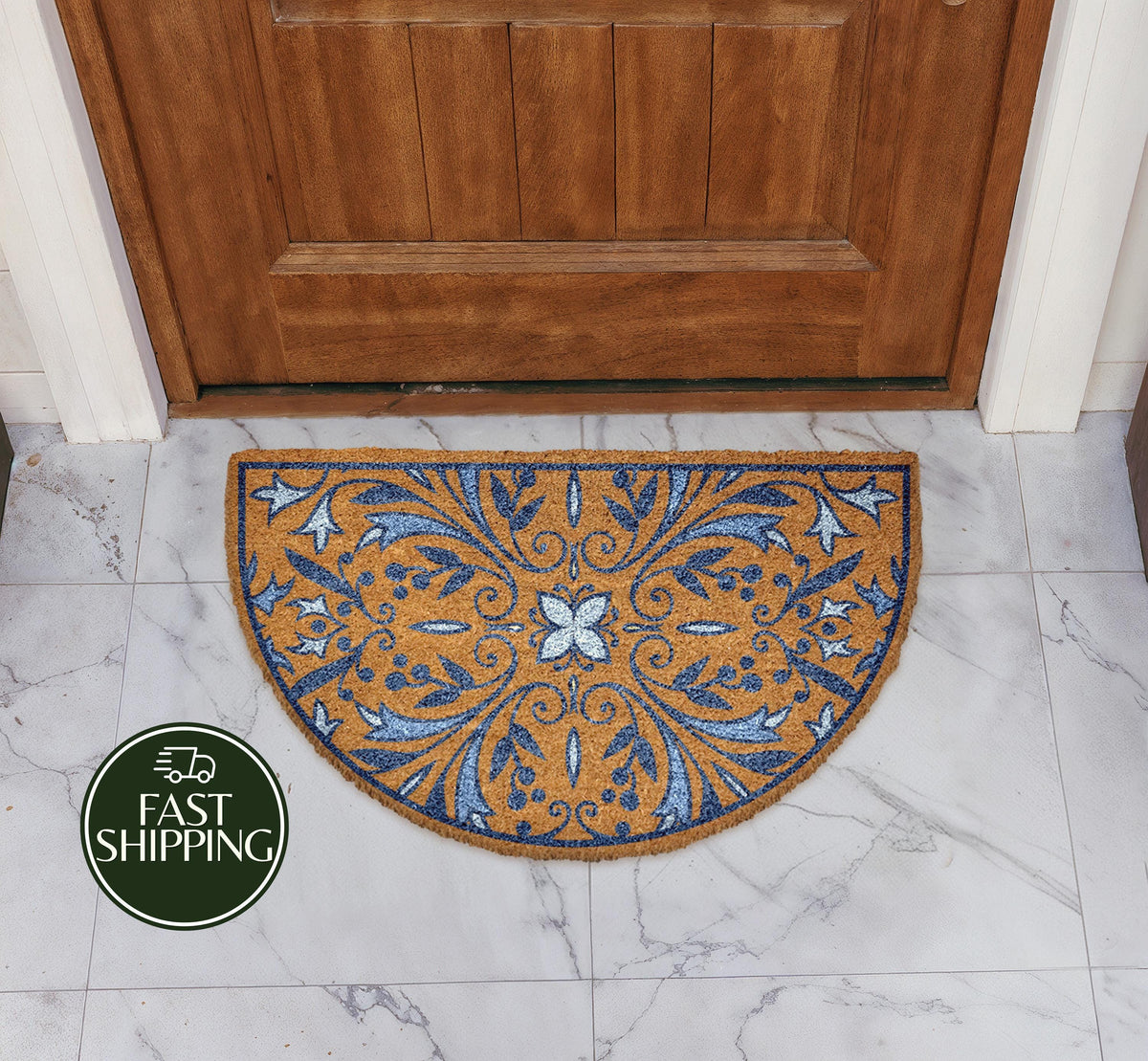 Blue Mandala Half Moon Doormat, Mediterranean Style Welcome Mat