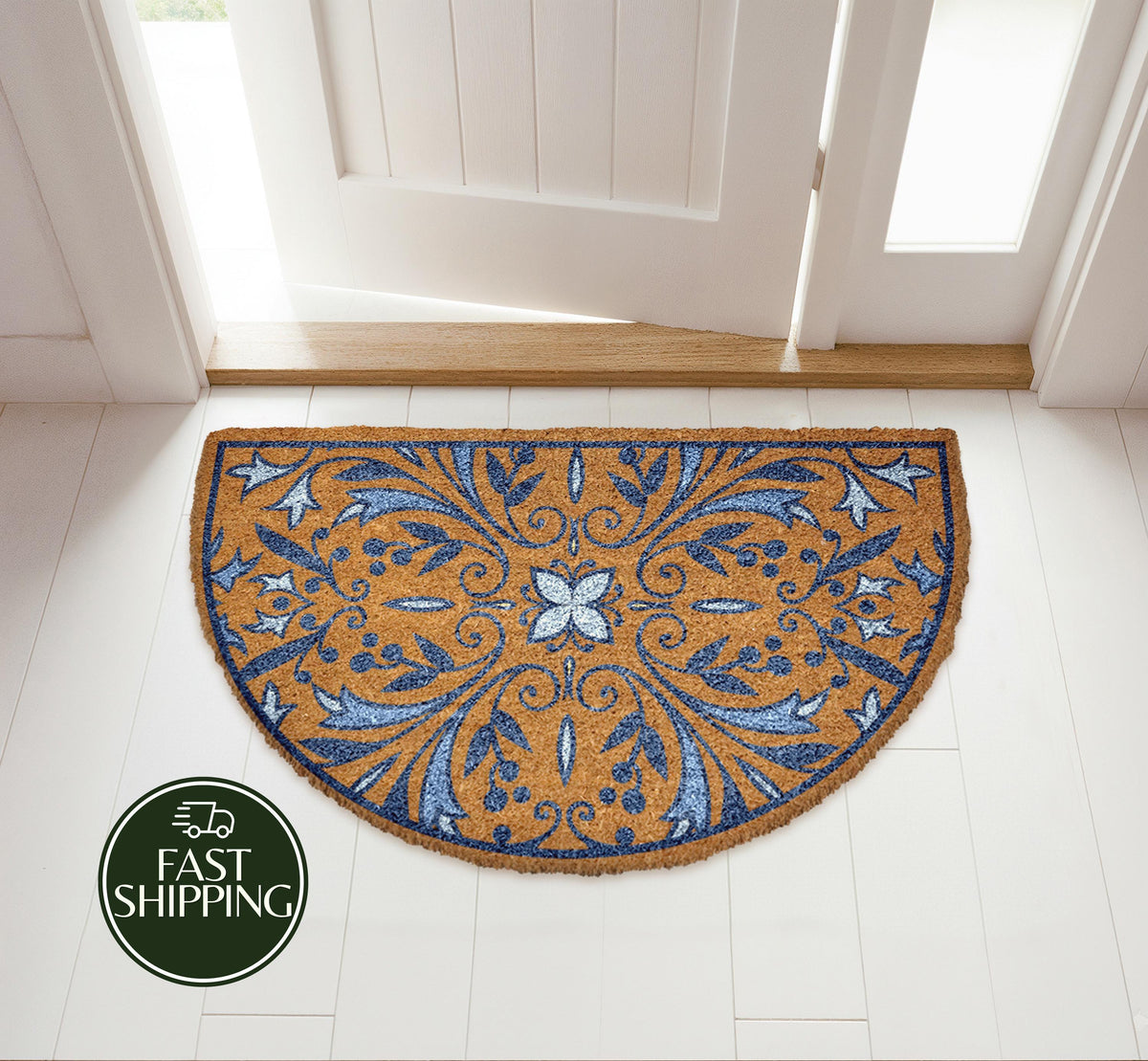 Blue Mandala Half Moon Doormat, Mediterranean Style Welcome Mat