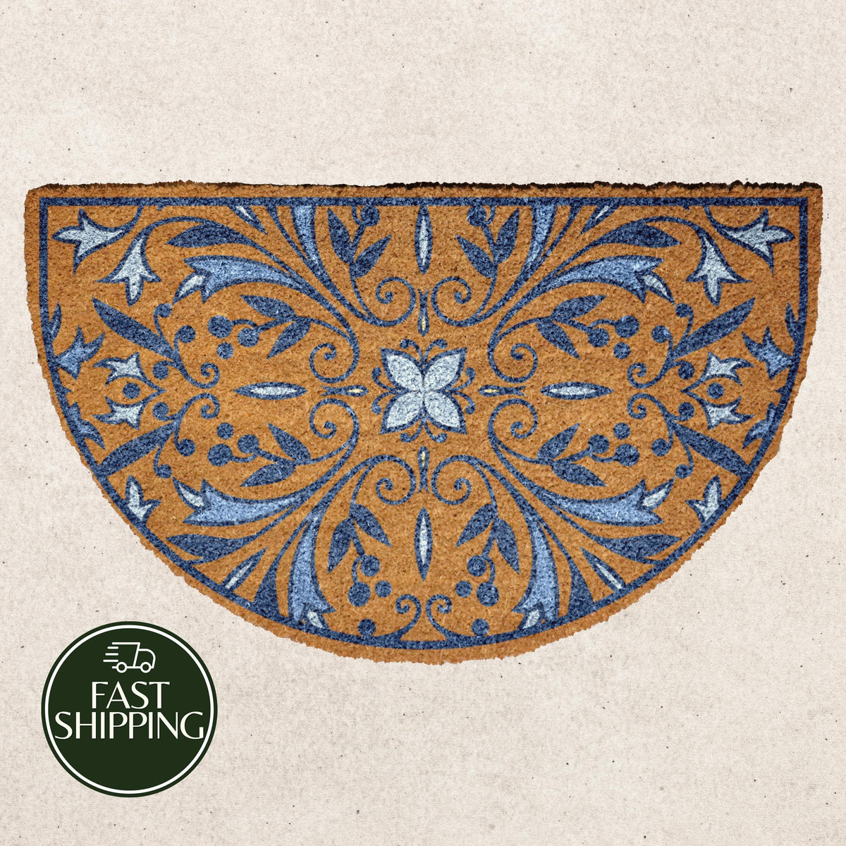 Blue Mandala Half Moon Doormat, Mediterranean Style Welcome Mat