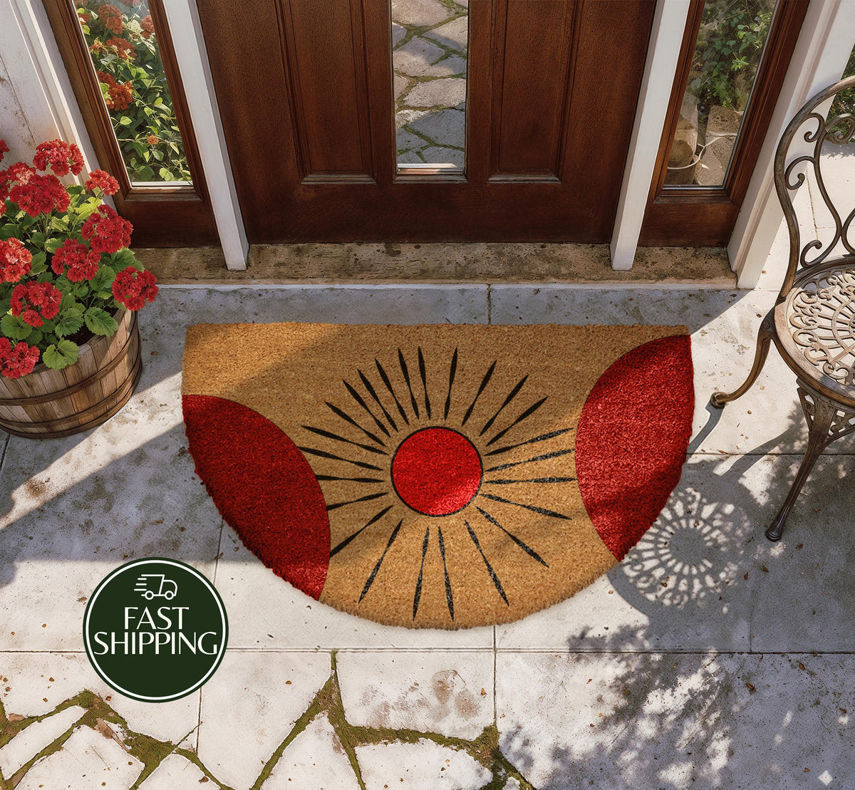 Mid-Century Modern Sun Doormat, Half Round Red Sunburst Welcome Mat