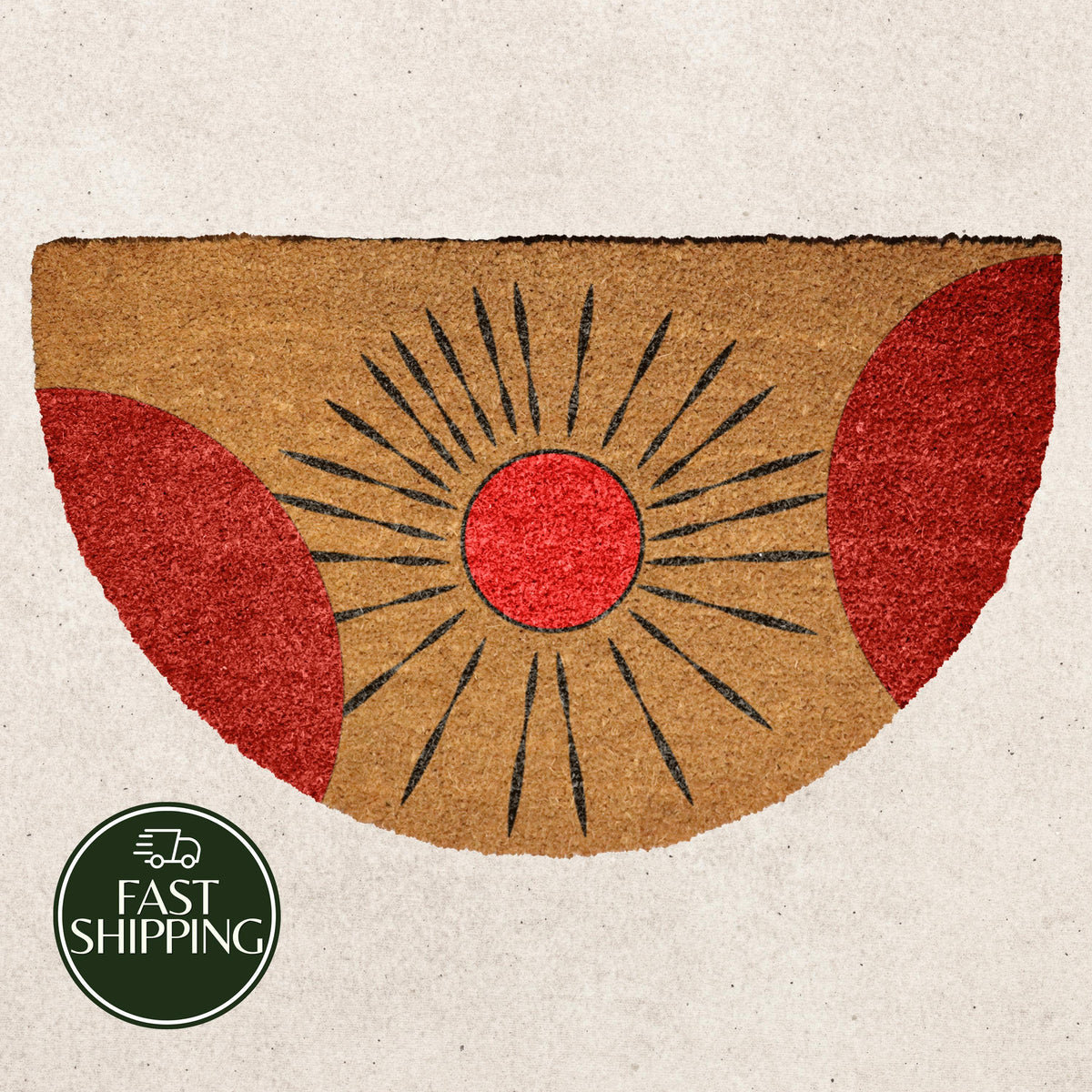 Mid-Century Modern Sun Doormat, Half Round Red Sunburst Welcome Mat