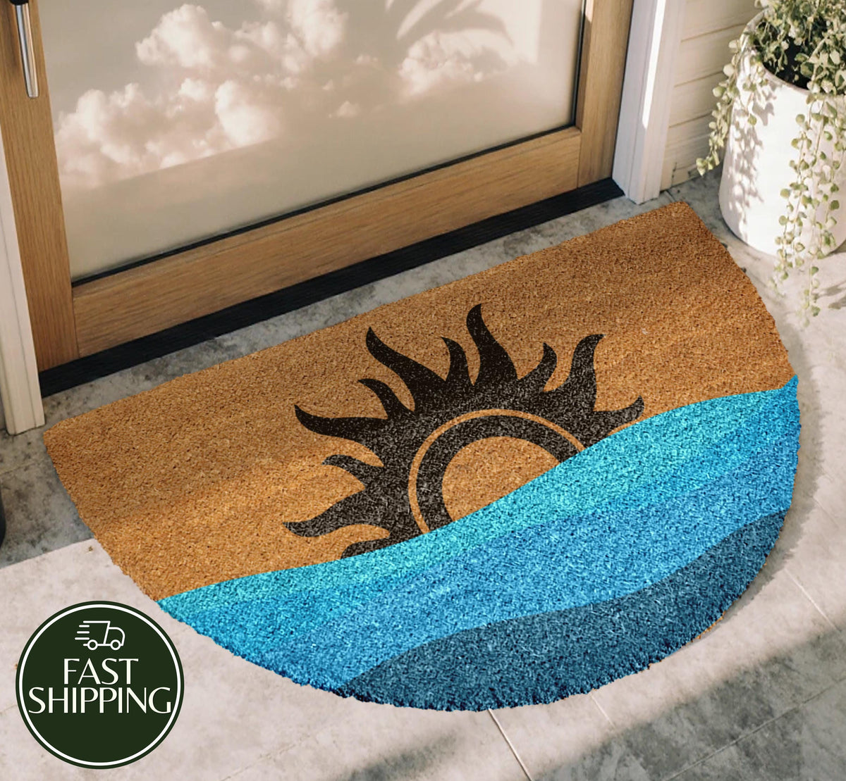 Minimalist Sea & Sun Half Round Doormat, Nautical Mid-Century Welcome Mat