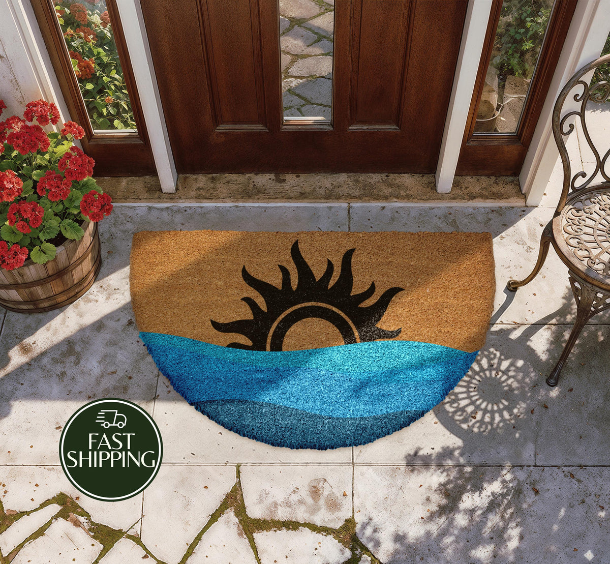 Minimalist Sea & Sun Half Round Doormat, Nautical Mid-Century Welcome Mat