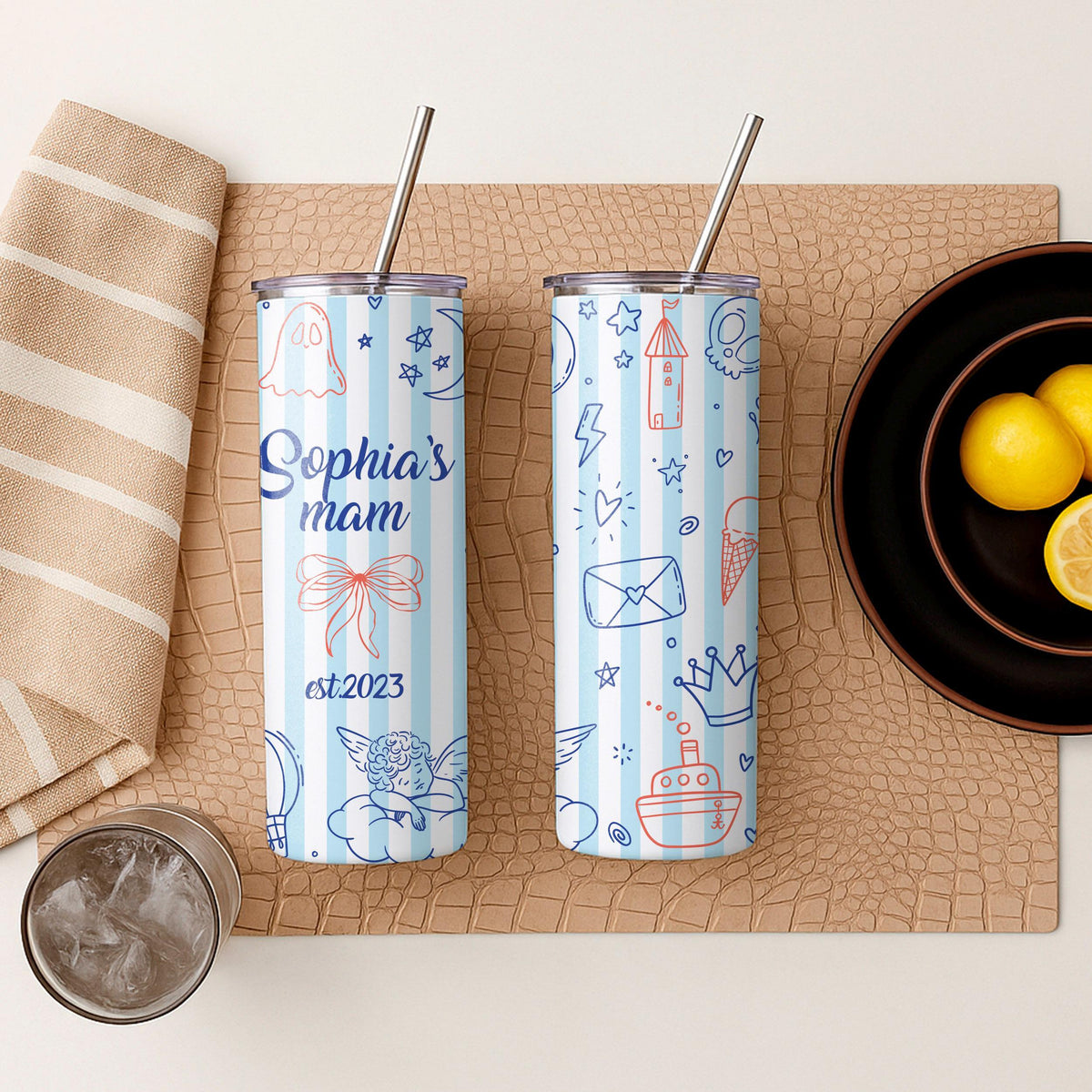 Personalized Mom Tumbler, Custom Name Doodle Travel Mug, Insulated Coffee Cup