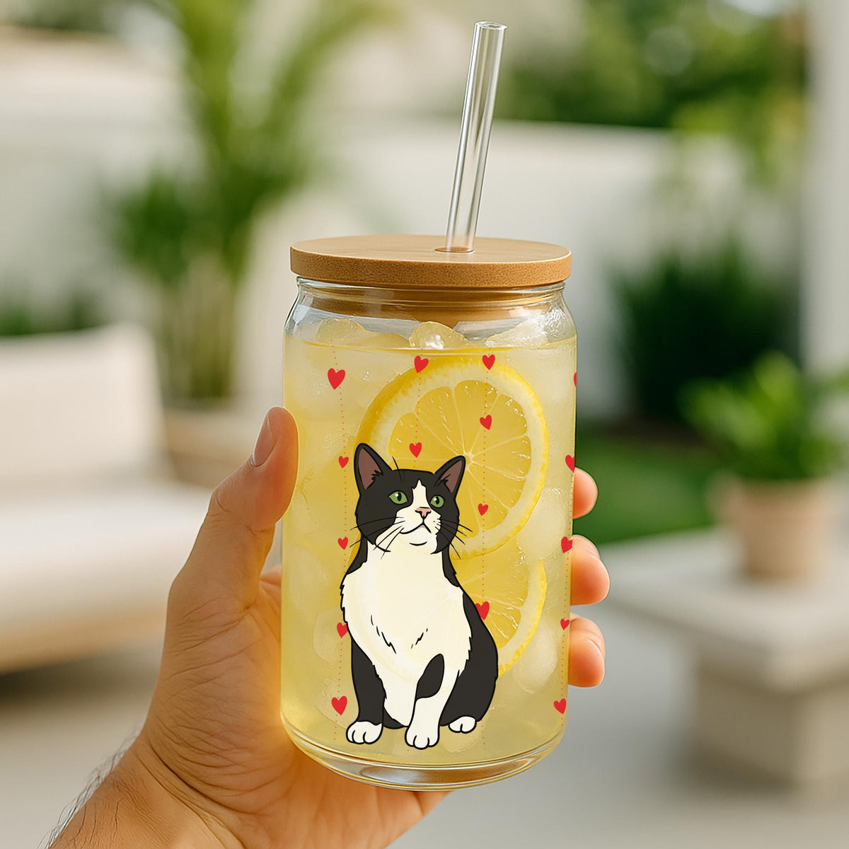 Personalized Watercolor Cat Photo Can Glass Tumbler, Cat Mom Iced Coffee Cup, Heart Pattern Pet Name Drinkware, Mother's Birthday Gift