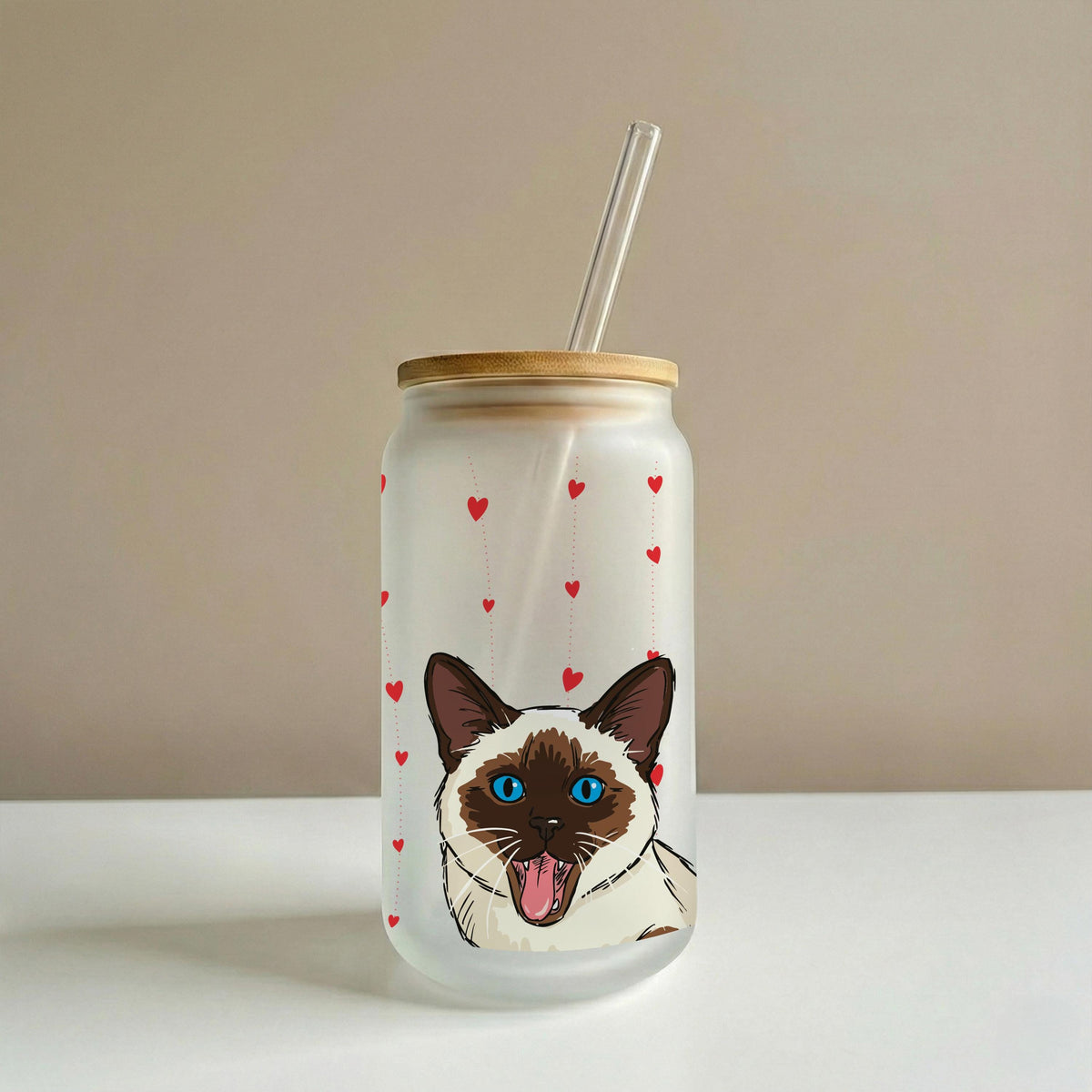 Personalized Watercolor Cat Photo Can Glass Tumbler, Cat Mom Iced Coffee Cup, Heart Pattern Pet Name Drinkware, Mother's Birthday Gift