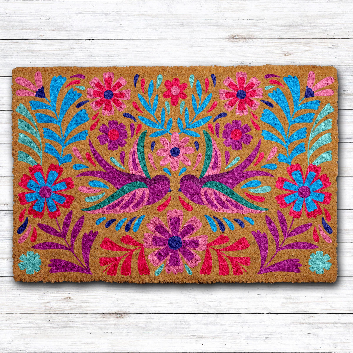 Vibrant Mexican Folk Art Doormat, Colorful Bird and Floral Welcome Mats