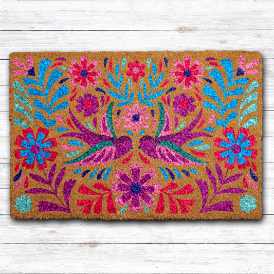 Vibrant Mexican Folk Art Doormat, Colorful Bird and Floral Welcome Mats