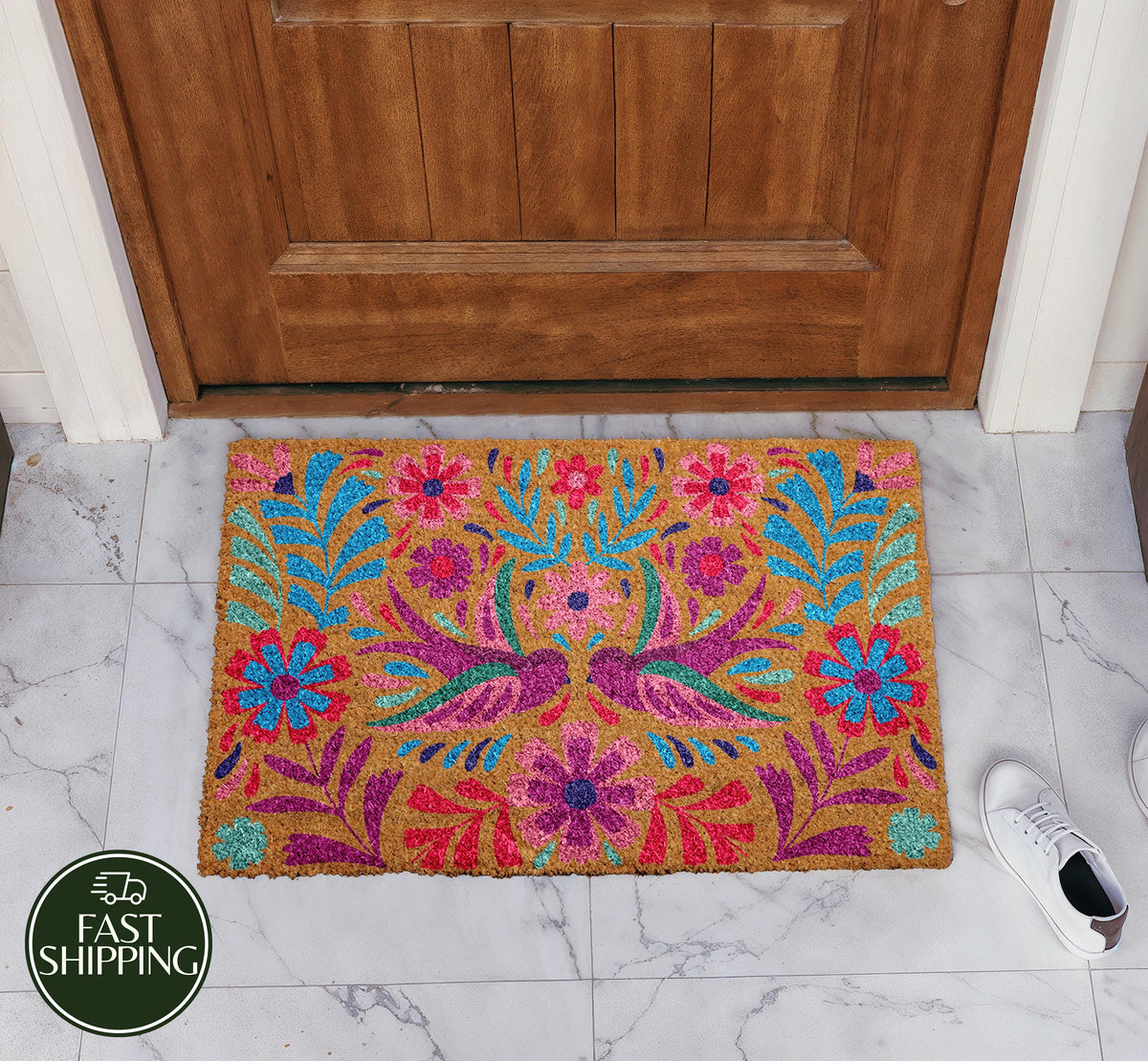 Vibrant Mexican Folk Art Doormat, Colorful Bird and Floral Welcome Mats