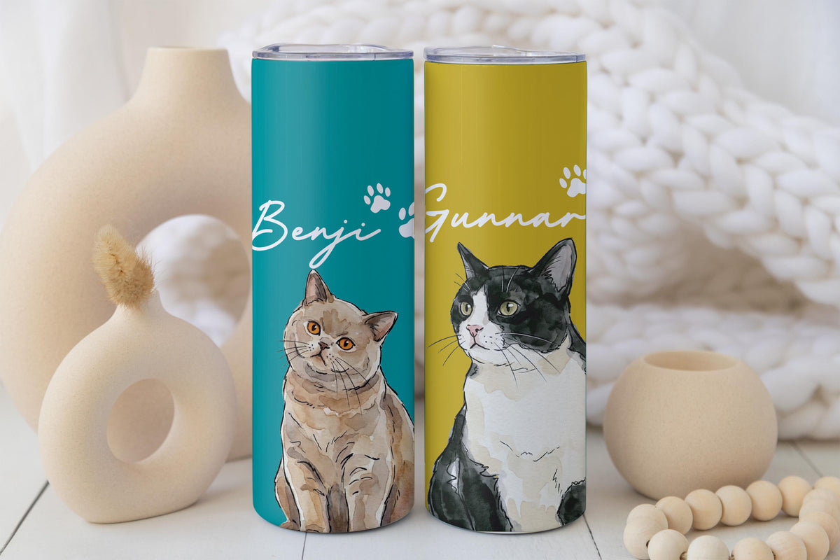Personalized Watercolor Cat Photo Tumbler, Cat Mama Travel Cup, Custom Kitten Name Drinkware, Mother's Birthday Gift