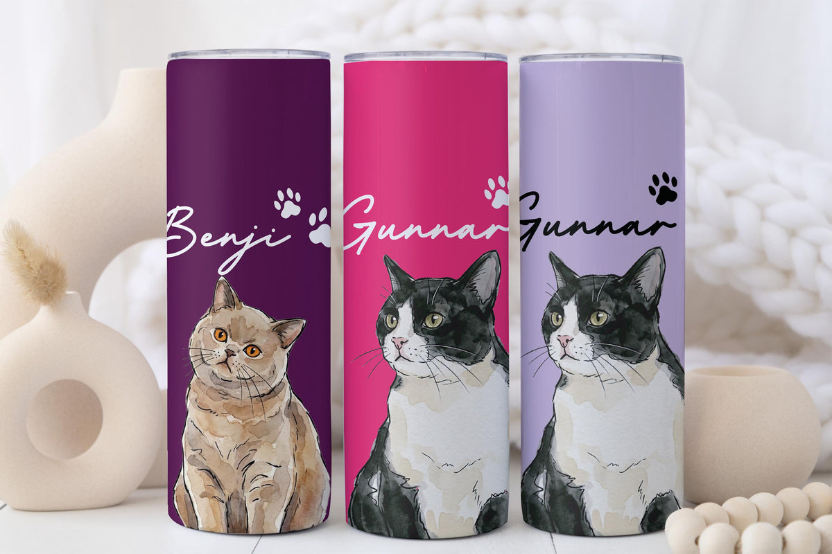 Personalized Watercolor Cat Photo Tumbler, Cat Mama Travel Cup, Custom Kitten Name Drinkware, Mother's Birthday Gift