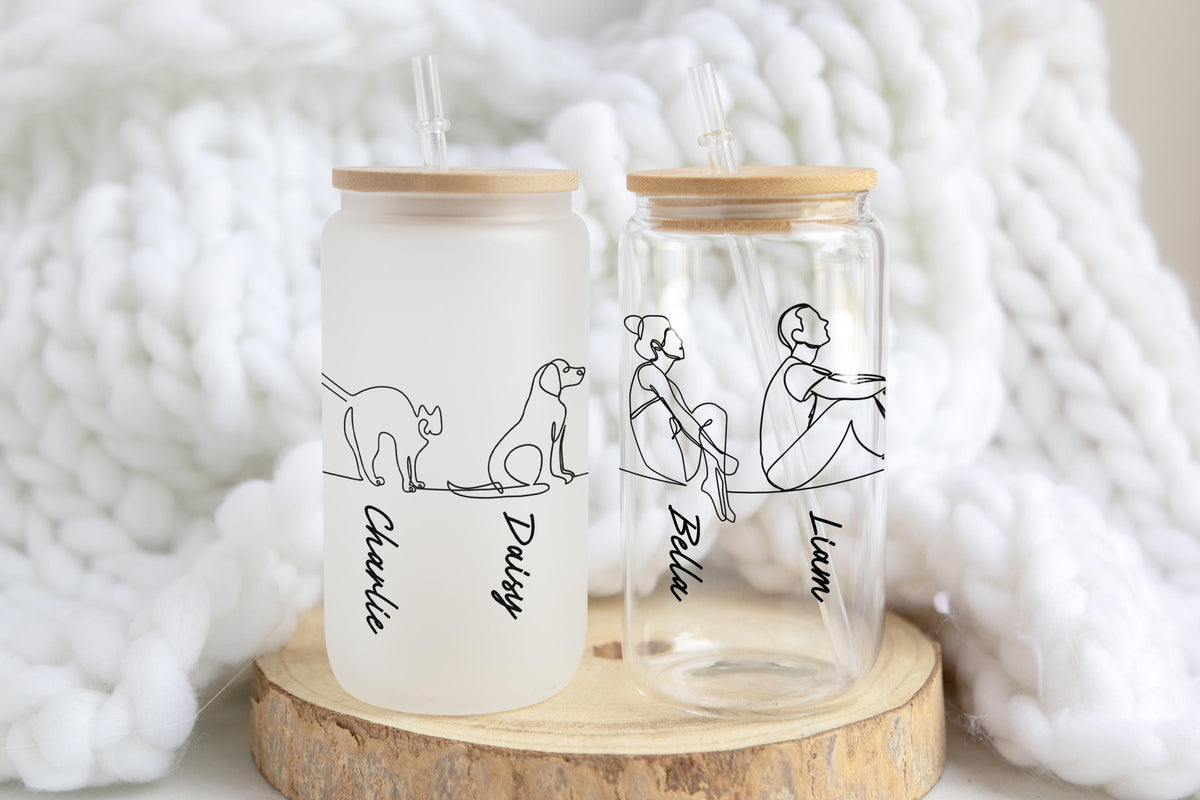 Personalized Family Member Line Art Pet Can Glass Tumbler, Drawing Cat/Dog Mom Iced Coffee Cup, Minimalist Pet Lovers Gift, Custom Name Cup