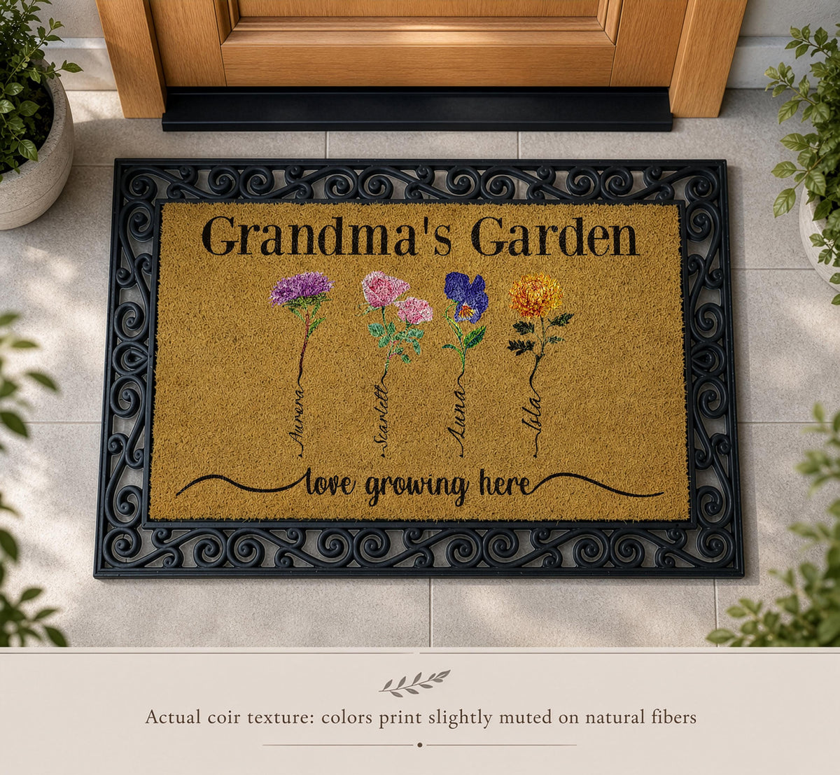 Personalized Birth Flower Design Welcome Mat, Grandma's Garden Interchangeable Doormat
