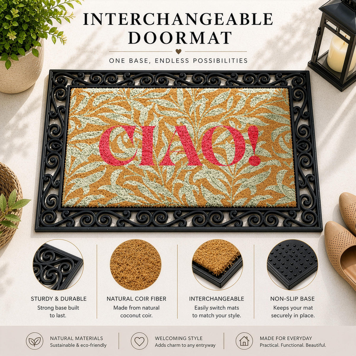 Italian Ciao! Interchangeable Welcome Mat, Modern Leaf Pattern Hello Doormat Set