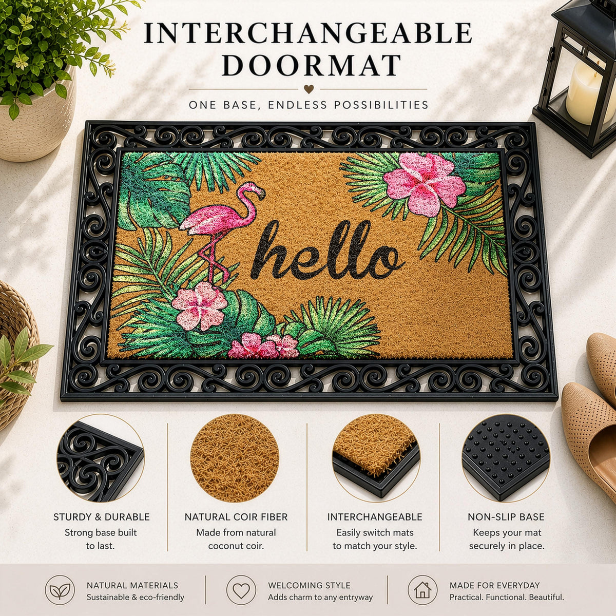 Tropical Vibe Interchangeable Welcome Mat, Pink Flamingos Doormat, Beach House Entryway Mat