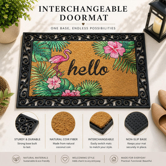 Tropical Vibe Interchangeable Welcome Mat, Pink Flamingos Doormat, Beach House Entryway Mat