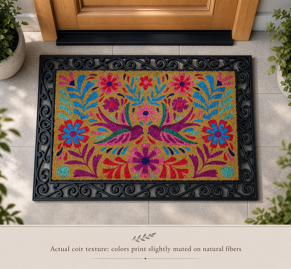 Mexican Folk Art Design Interchangeable Doormat, Colorful Bird and Floral Welcome Mats