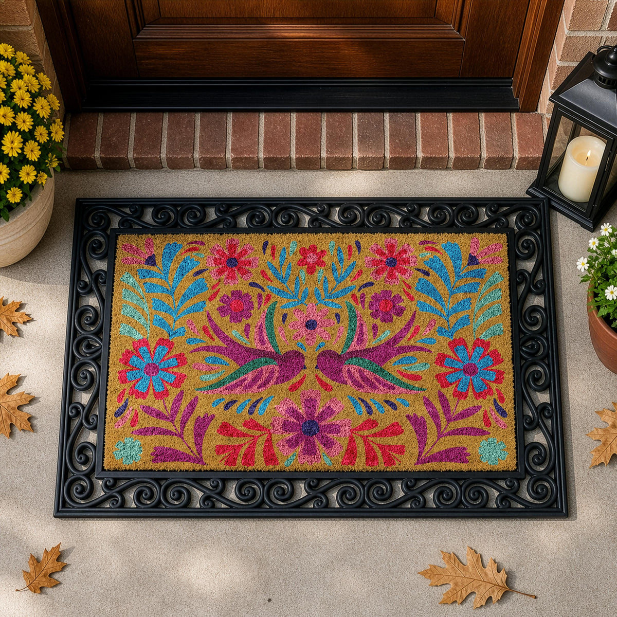 Mexican Folk Art Design Interchangeable Doormat, Colorful Bird and Floral Welcome Mats