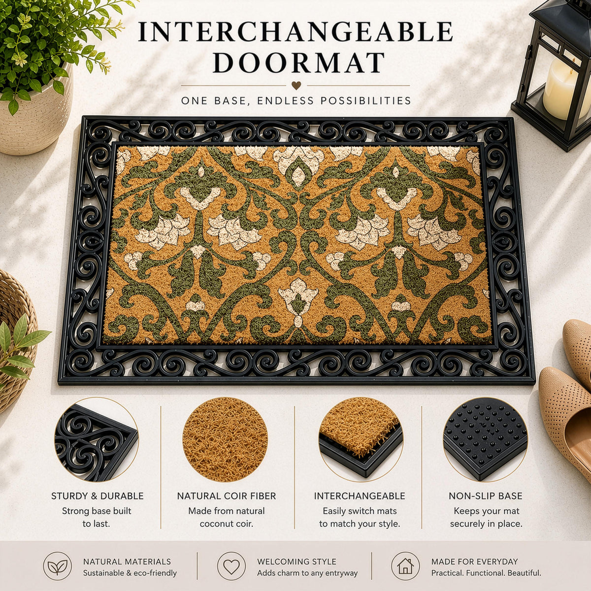 Classic Damask Design Interchangeable Doormat, Moroccan Welcome Mat