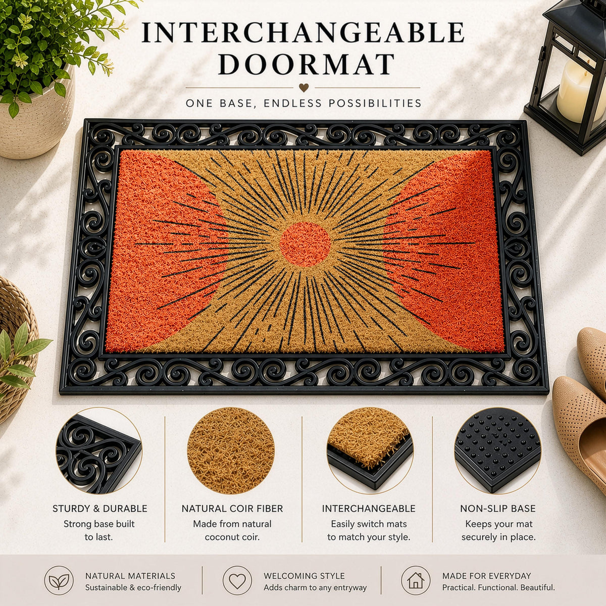 Sunburst Design Interchangeable Welcome Mat, Modern Art Doormat, Minimalist Entryway Mat