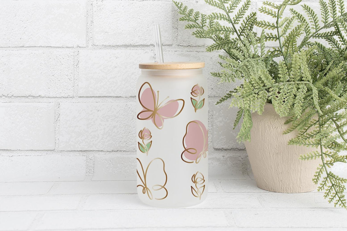 Golden Striped Butterfly Design Can Glass Tumbler