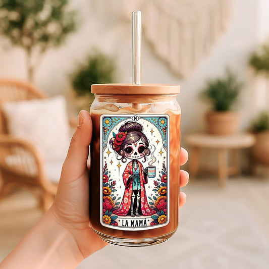 Sugar Skull Mom Can Glass Tumbler, La Mama Loteria Card Style Iced Coffee Cup