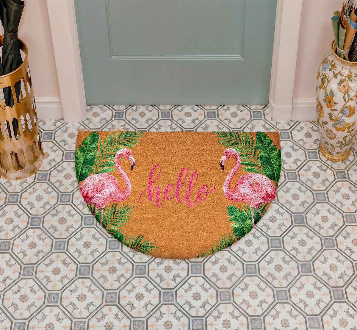 Pink Flamingo Welcome Doormat, Tropical Vibe Natural Coir Mat, Tropical Leaves Welcome Mat