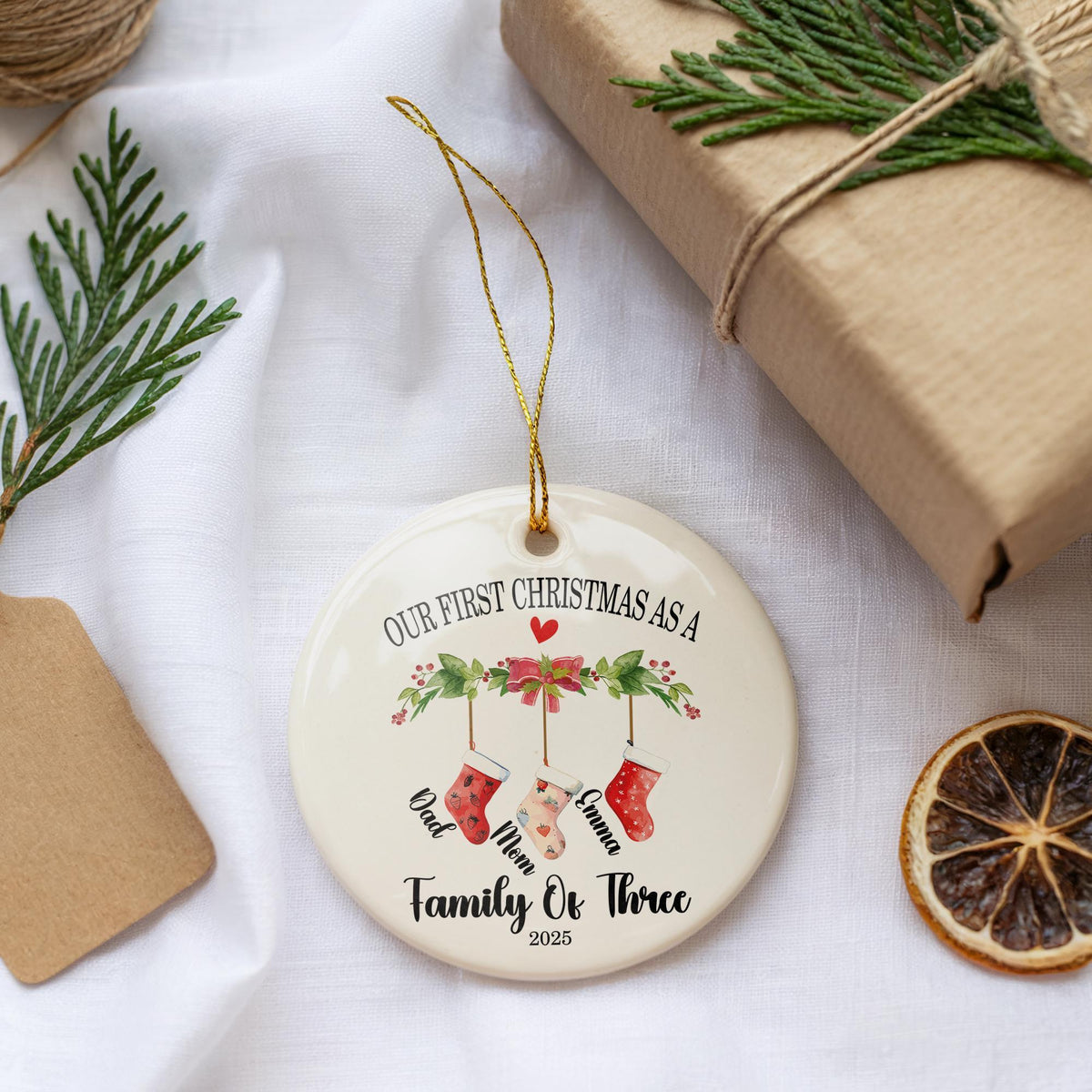 First Christmas As A Family Of Three Ornament, Personalized New Parent Holiday Gift