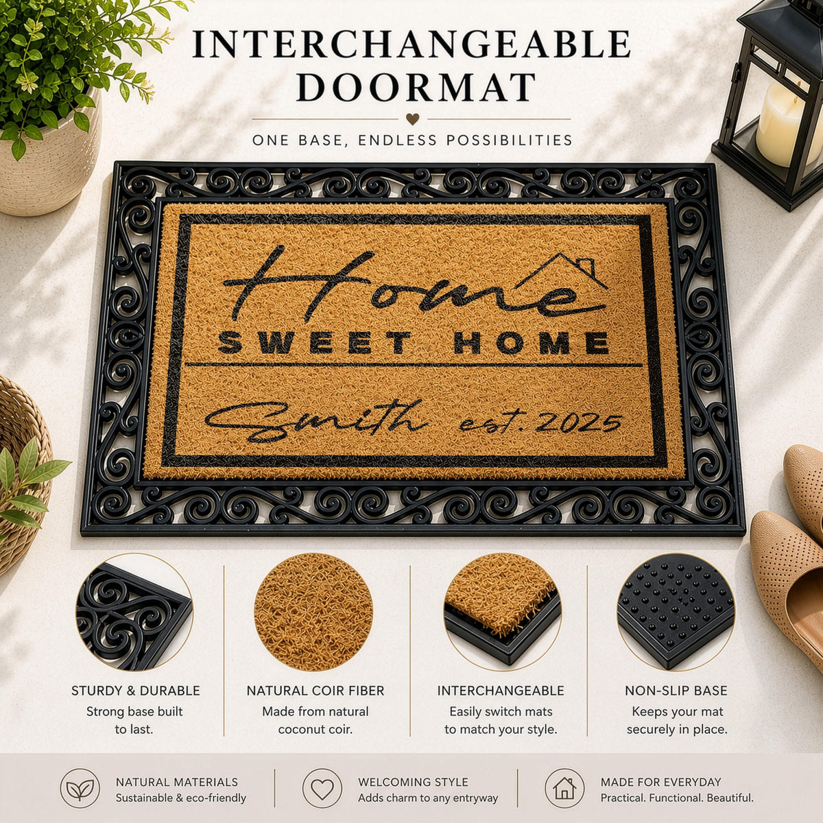 Personalized Home Sweet Home Doormat Set, Custom Family Name & Est Interchangeable Welcome Mat